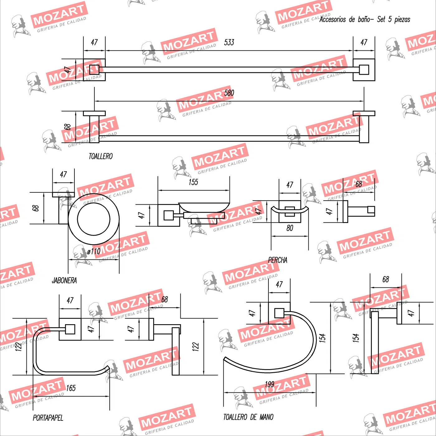 set baÑo 5pcs panama acero inox 9581