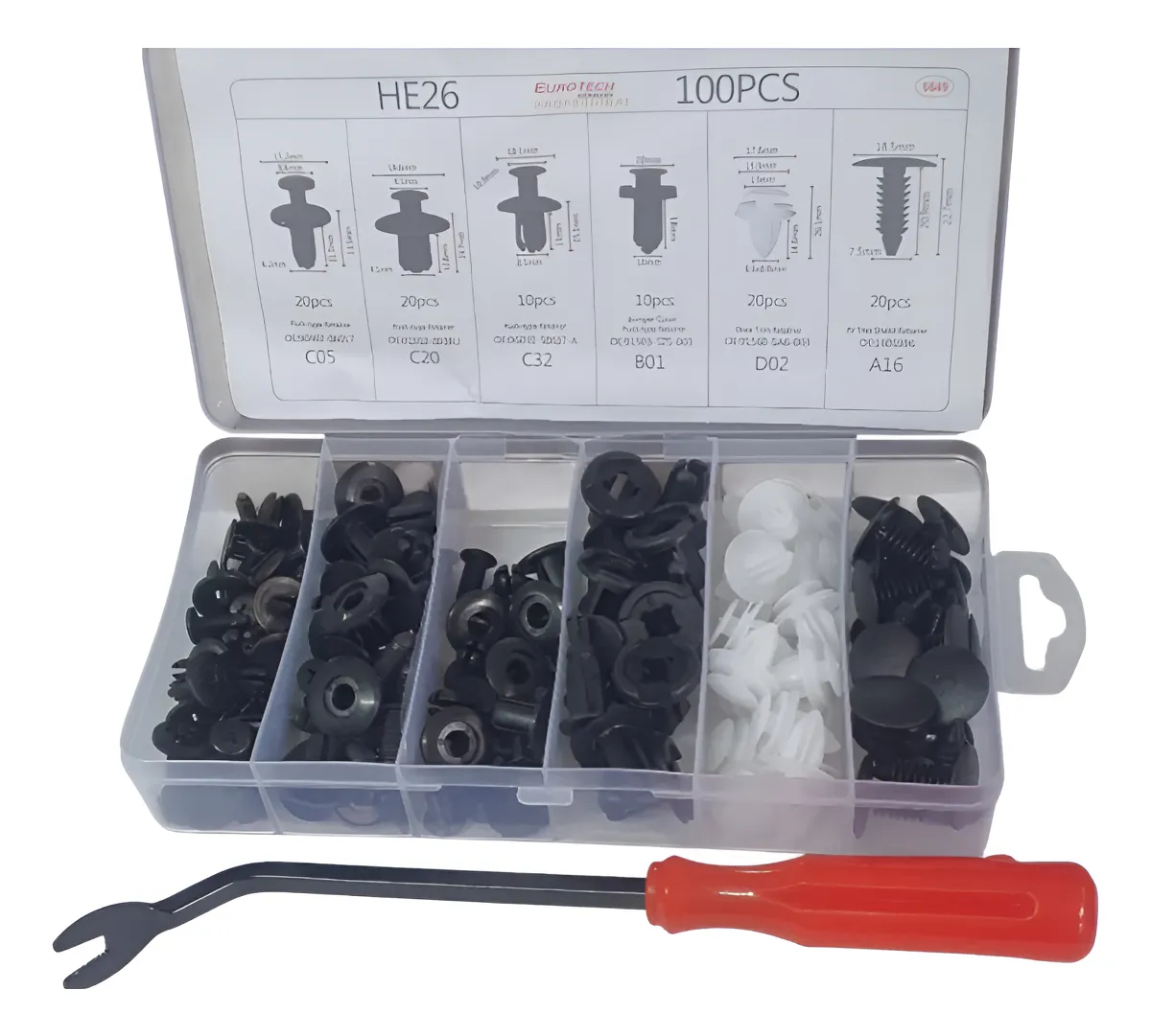 SURTIDO DE REMACHES CLIPS DE RETENCION UNIVERSAL + SACA CLIPS - EUROTECH 6649 surtido de remaches clips de retencion universal + saca clips eurotech 6649