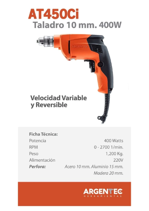taladro 10mm variable reversible argentec at450ci 400w