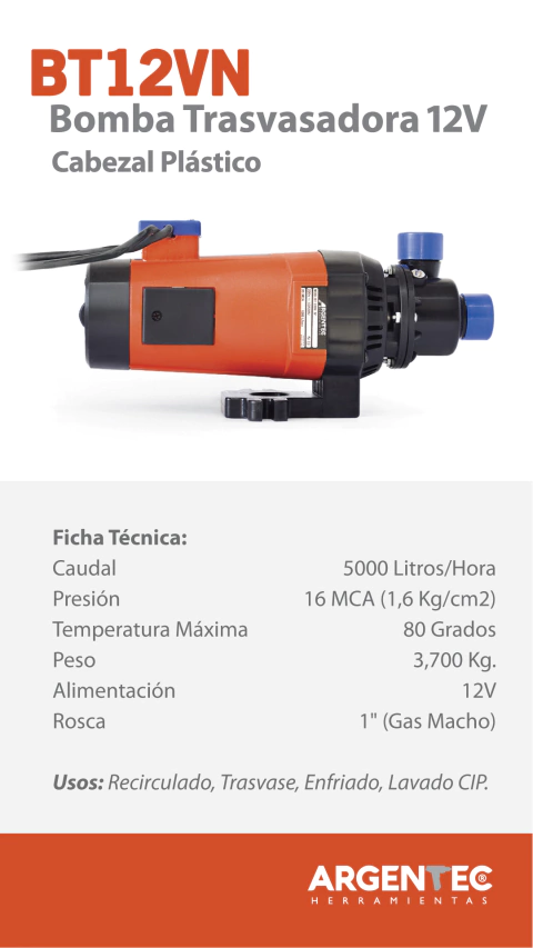 bomba bt12v argentec trasvase cerveza,gasoil,agua,enfriado